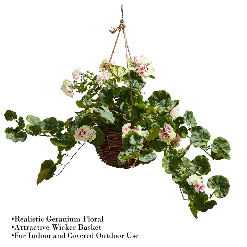Light Pink Geranium Hanging Faux Flowers with Basket W637456