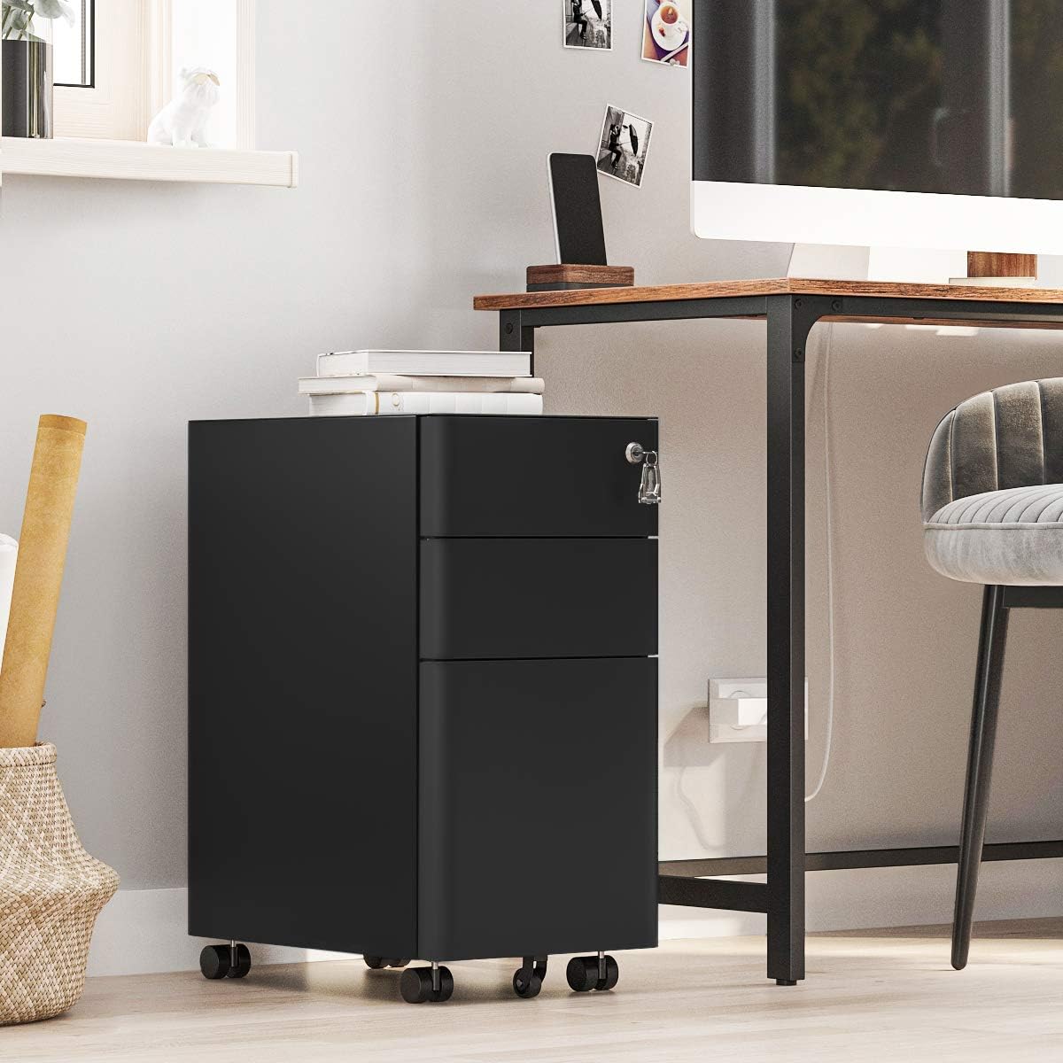 Black Steel 3 Drawer Mobile Filing Cabinet with Lock S19115