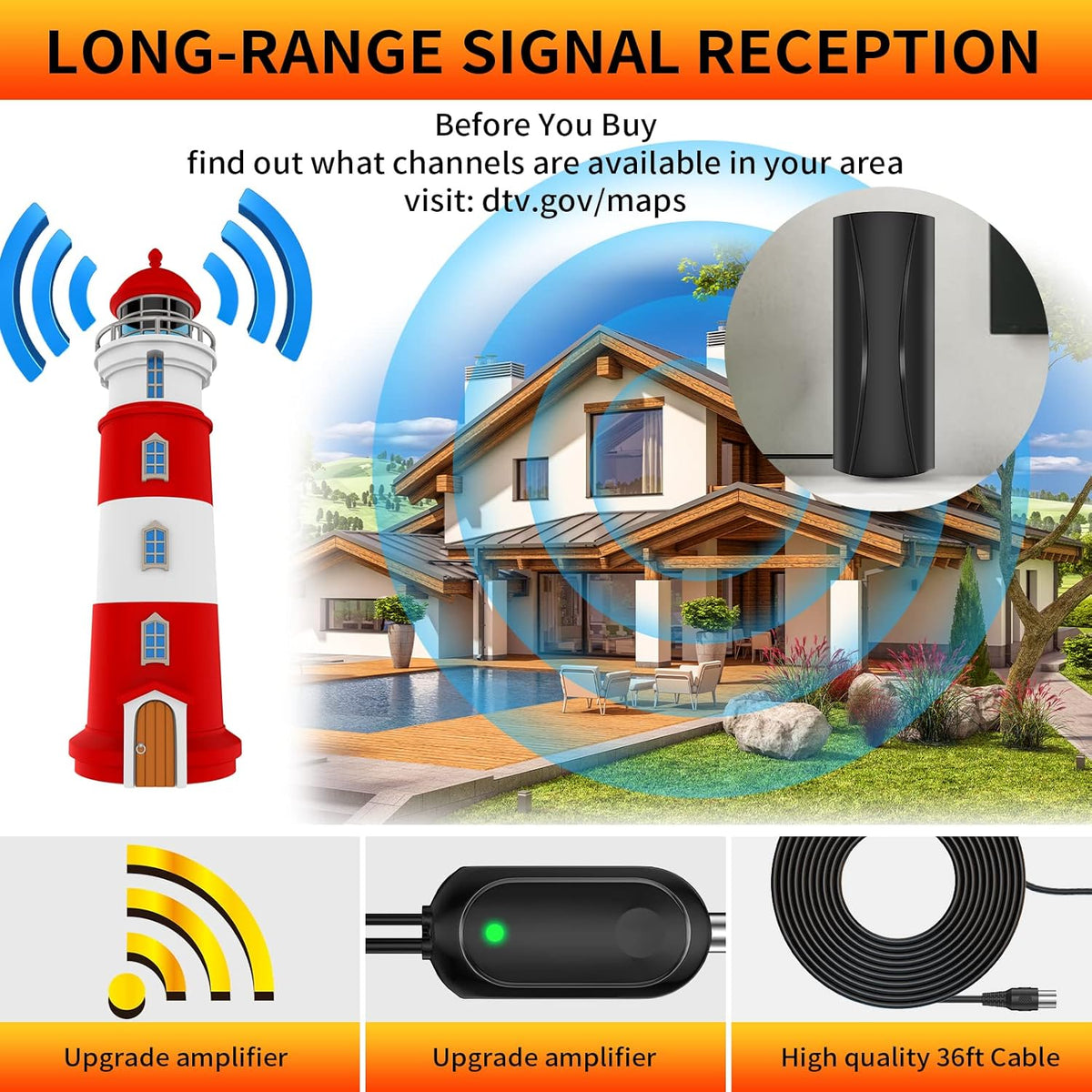 Digital TV Antenna with 36FT Coaxial Cable P6800