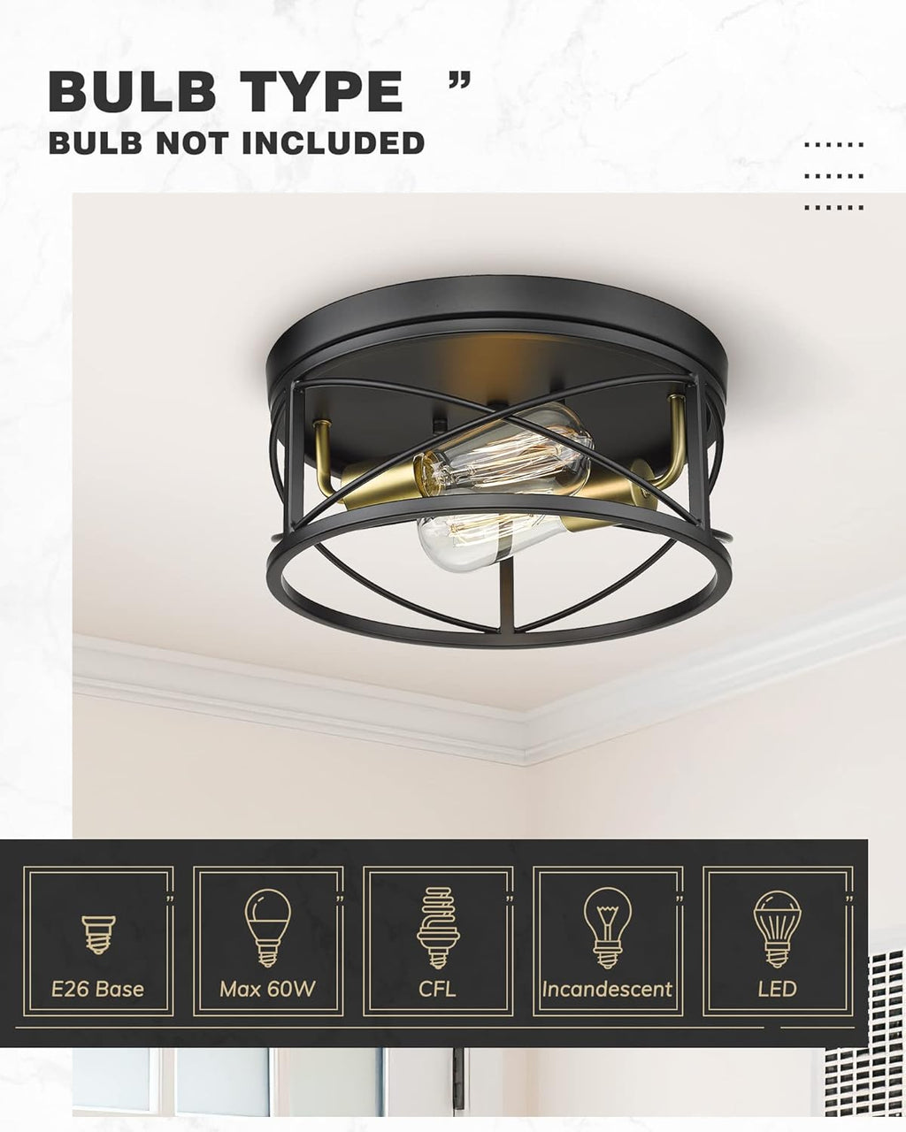 12 Inch 2-Light Farmhouse Flush Mount Ceiling Light Fixture in Matte Black and Brushed Brass Y79004
