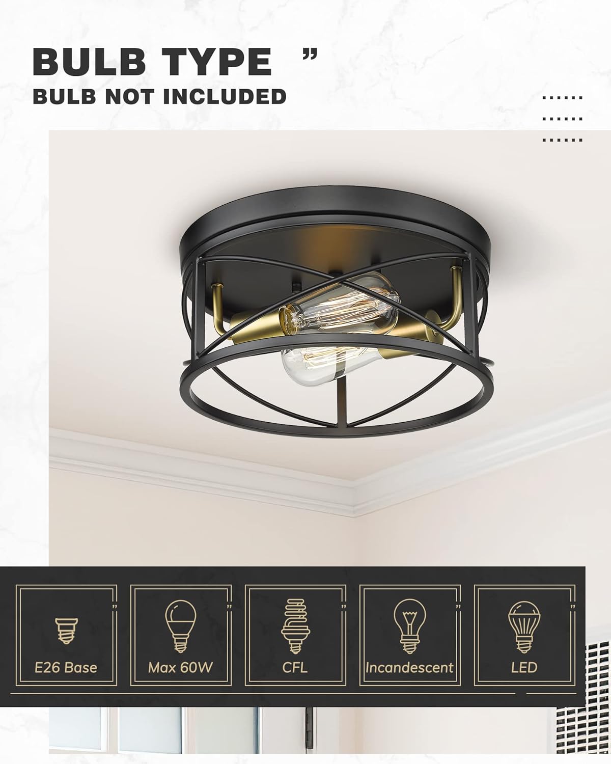 12 Inch 2-Light Farmhouse Flush Mount Ceiling Light Fixture in Matte Black and Brushed Brass Y79004