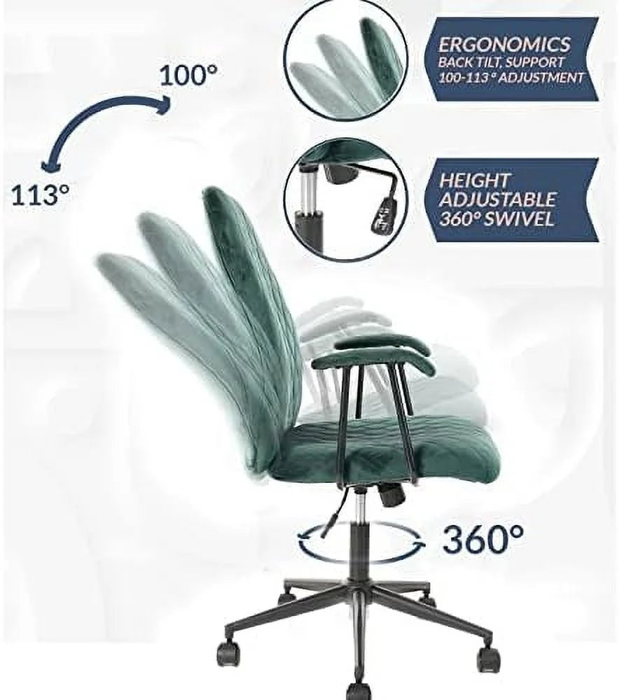 Green Velvet Upholstered Office Desk Chair with Armrest and Wheels X48340