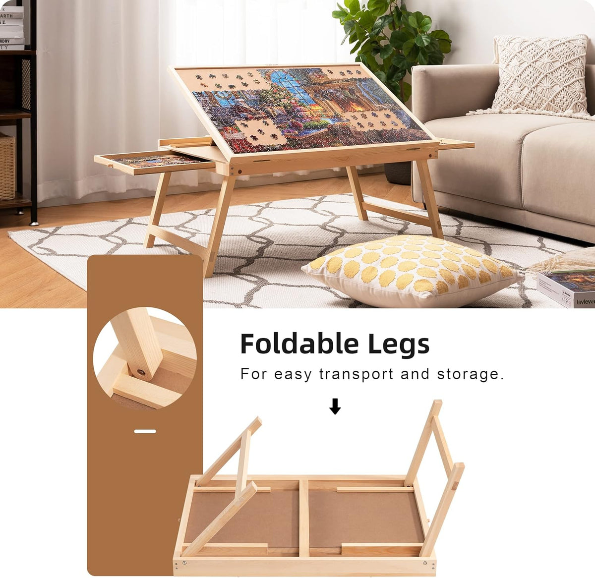 Tilting Puzzle Table with 2 Drawers, Adjustable Jigsaw Puzzle Board, Portable Wooden Puzzle Plateau with Folding Legs & Non-Slip Tabletop B44606