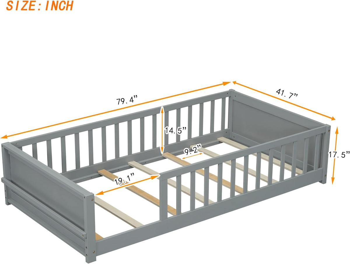 Twin Size Solid Pine Wood Floor Bed Frame with Safety Guardrails and Slats (Grey) Y493786