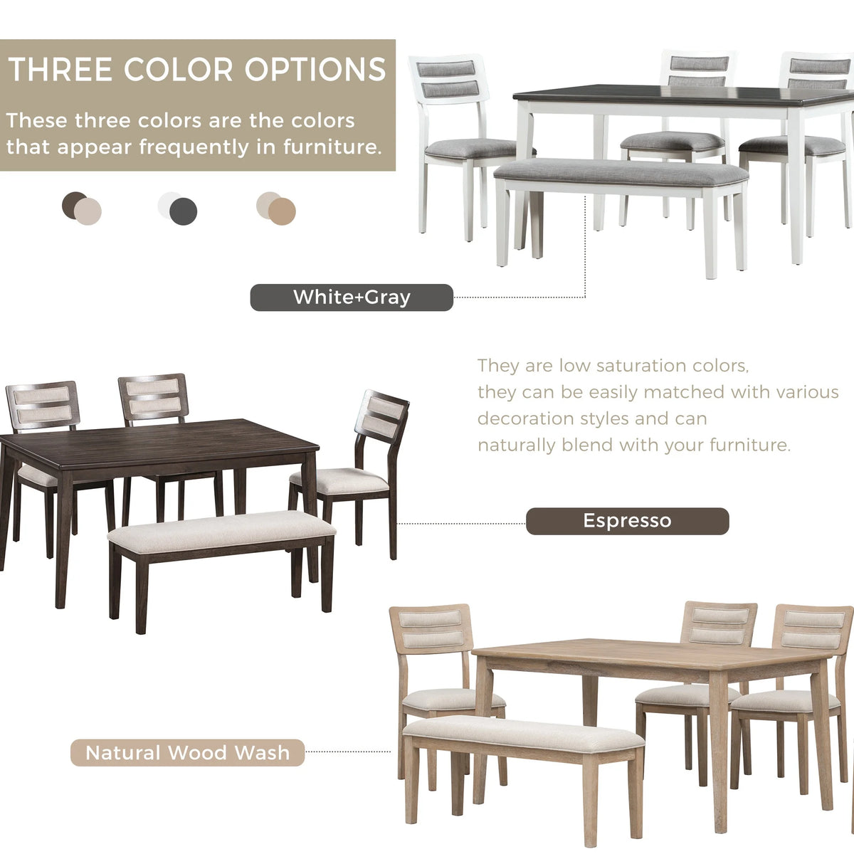 6 Piece Dining Table and Chair Set with 4 Upholstered Chairs and Bench R25084