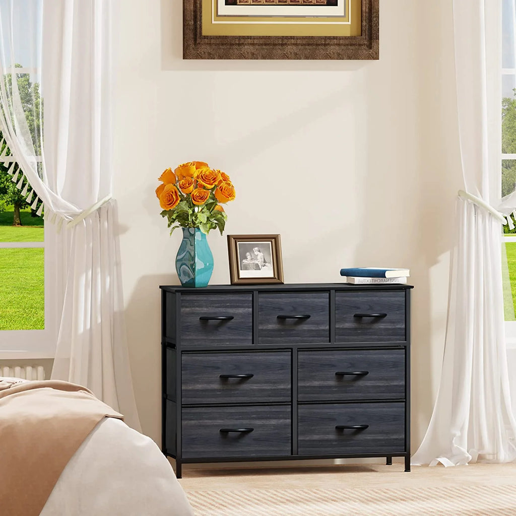 7 Drawer Fabric Dresser with Steel Frame and Wooden Top X845