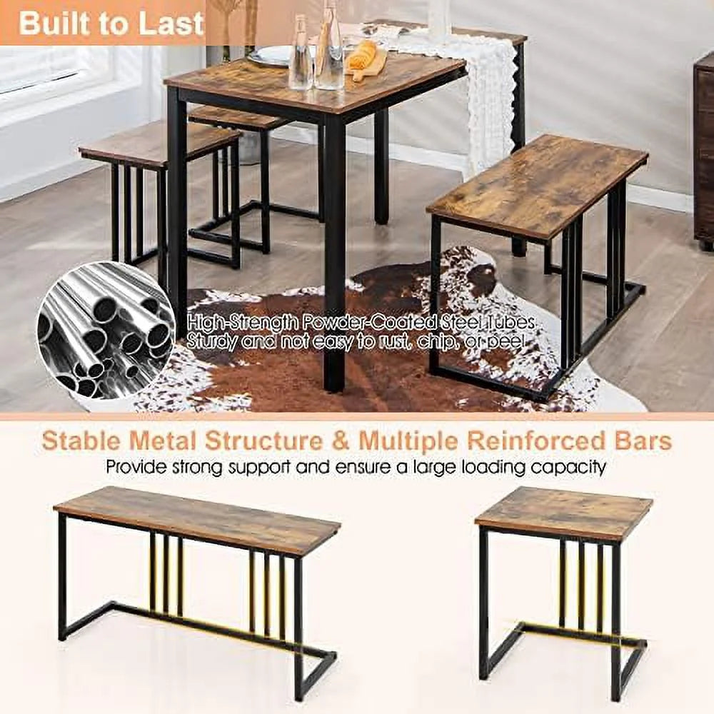 4 Piece Dining Table Set with Bench and 2 Stools E9776