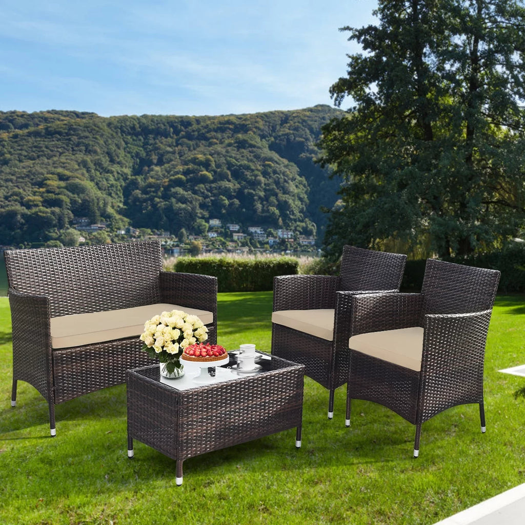 4 Pc Patio Rattan Conversation Furniture Set with Gray Cushion T537