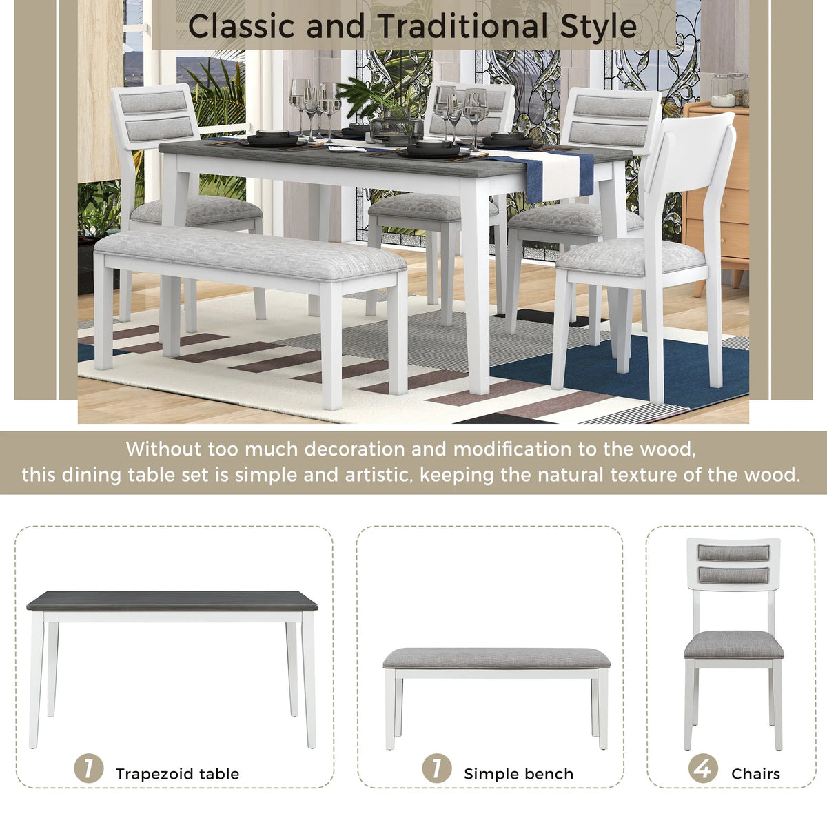 6 Piece Dining Table and Chair Set with 4 Upholstered Chairs and Bench R25084