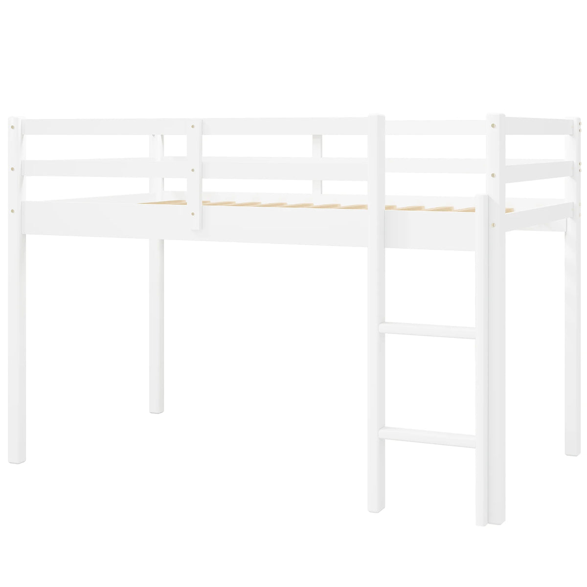 White Twin Size Solid Wood Loft Bed with 14 Wooden Slats S76684