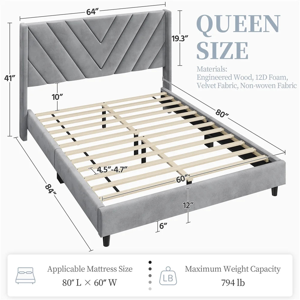 Queen Light Gray Upholstered Platform Bed Frame Y722235