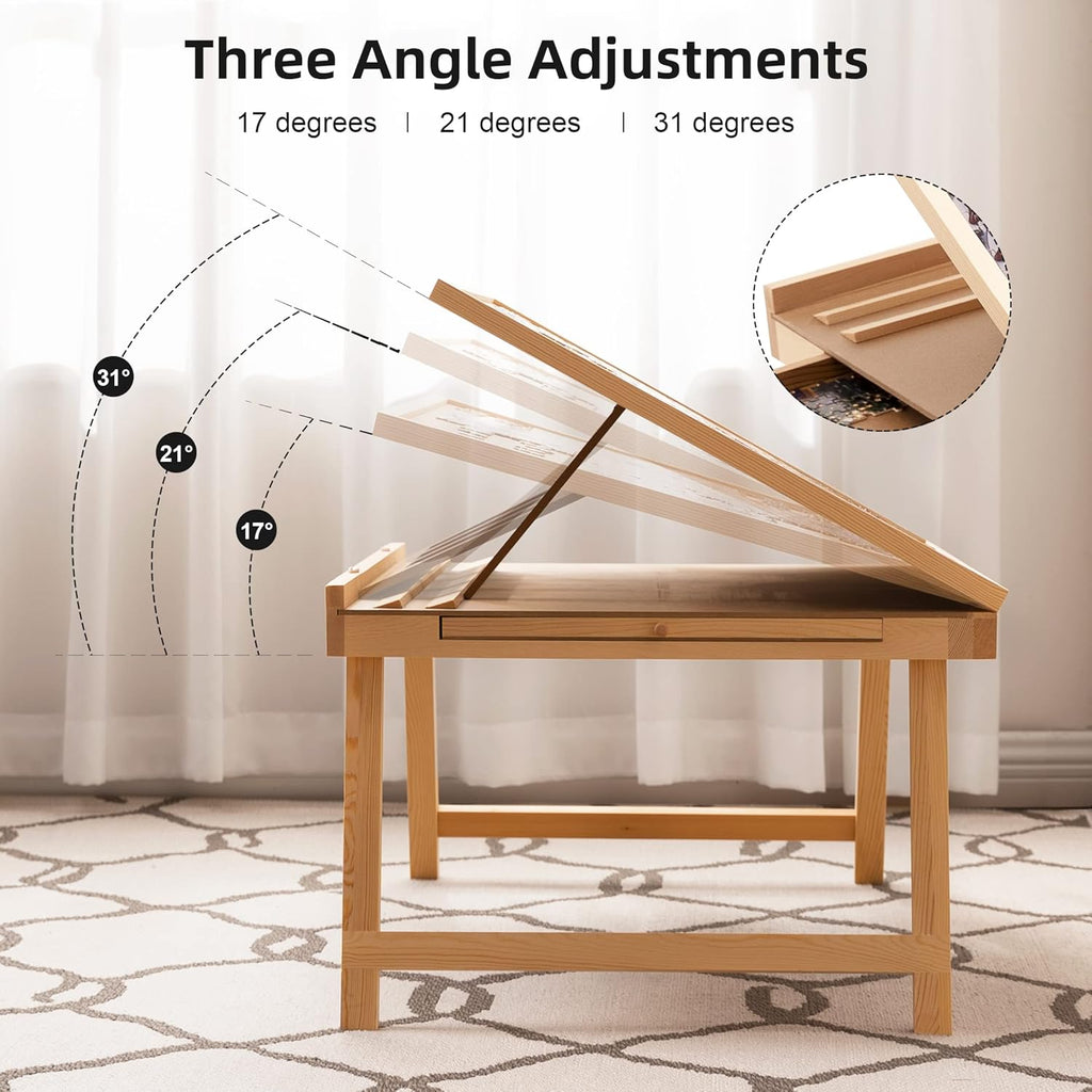 Tilting Puzzle Table with 2 Drawers, Adjustable Jigsaw Puzzle Board, Portable Wooden Puzzle Plateau with Folding Legs & Non-Slip Tabletop B44606