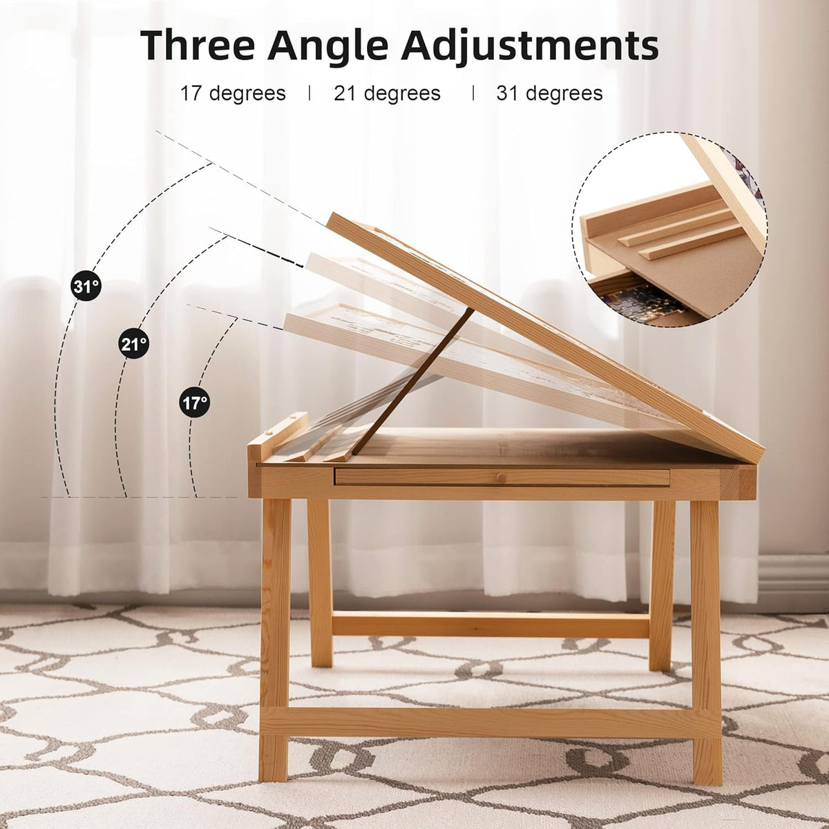 Tilting Puzzle Table with 2 Drawers, Adjustable Jigsaw Puzzle Board, Portable Wooden Puzzle Plateau with Folding Legs & Non-Slip Tabletop B44606