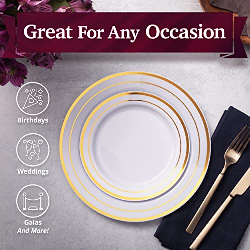 100 White Plastic Plates with Gold Trim, 50 Dinner Plates 10.25" + 50 Salad Plates 7.5" P827720