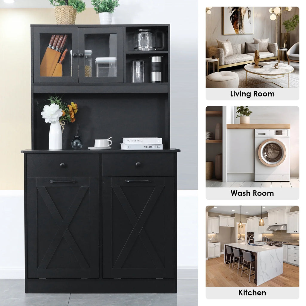 Wooden Double Tilt Out Trash Cabinet with Drawers, Shelves S48174