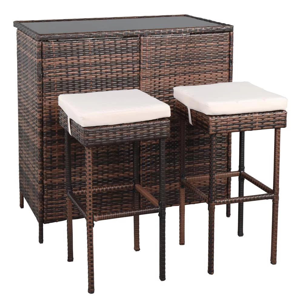 3PCS Patio Rattan Wicker Bar Table Stools Dining Set Brown A6204