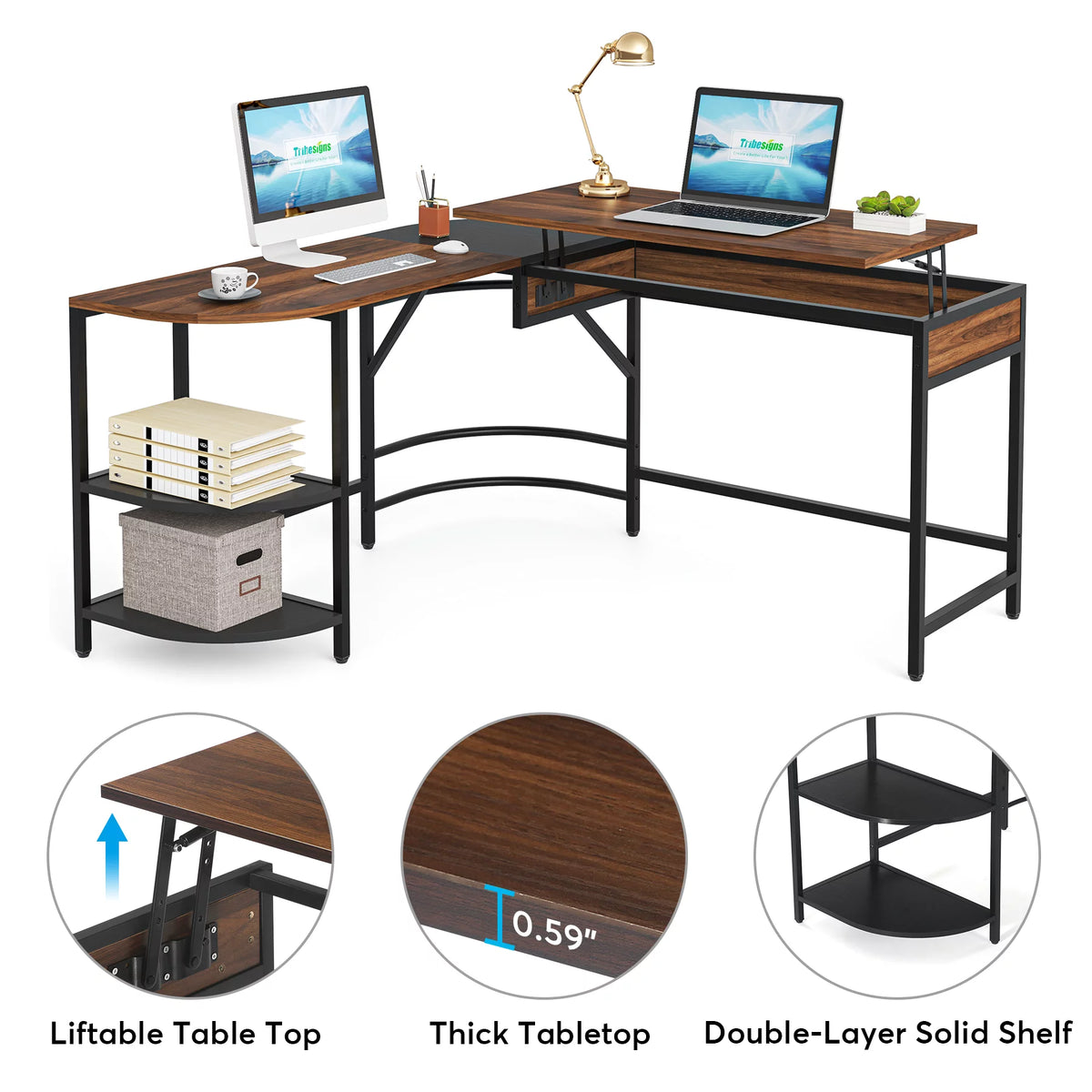 59" L Shaped Corner Computer Desk with Storage Shelves L861