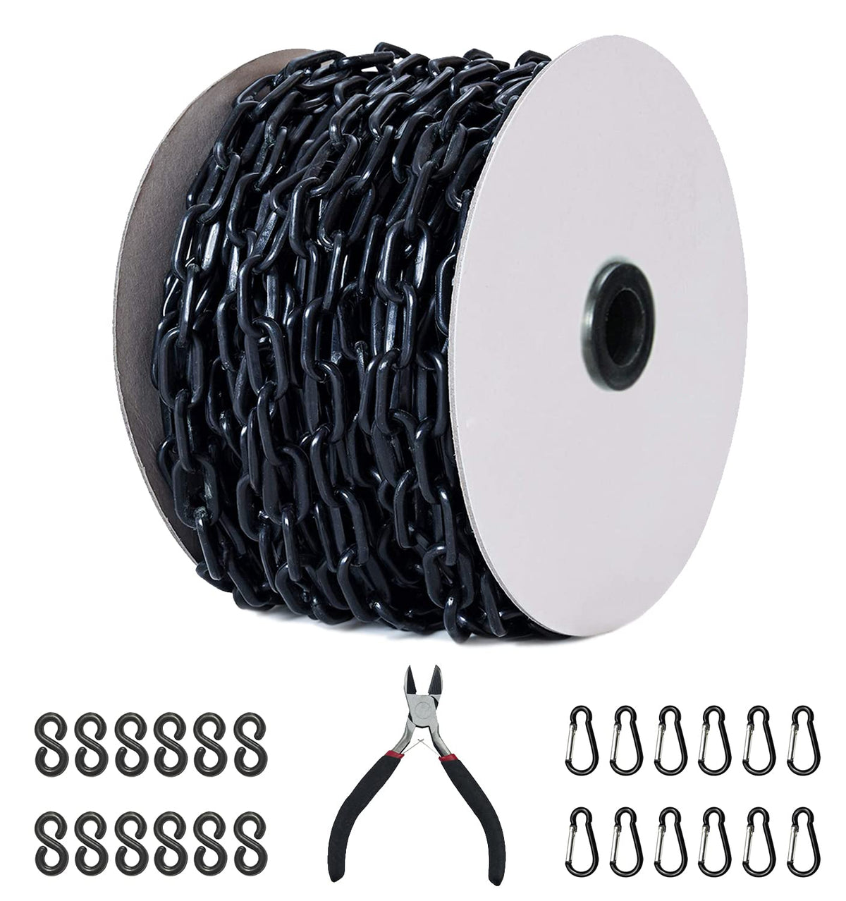 Black Plastic Safety Barrier Chain with 12 S-Hooks and 12 Carabiner Clips S21417