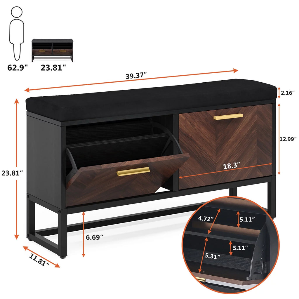 Shoe Storage Bench with Cushion & 2 Flip Drawers S526653