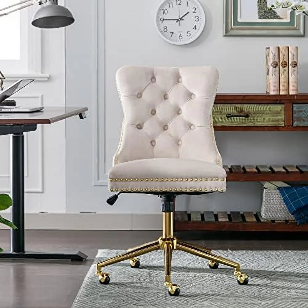 Beige Armless Adjustable Swivel Chair with Wheels E801