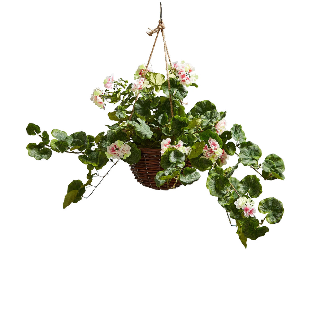 Light Pink Geranium Hanging Faux Flowers with Basket W637456