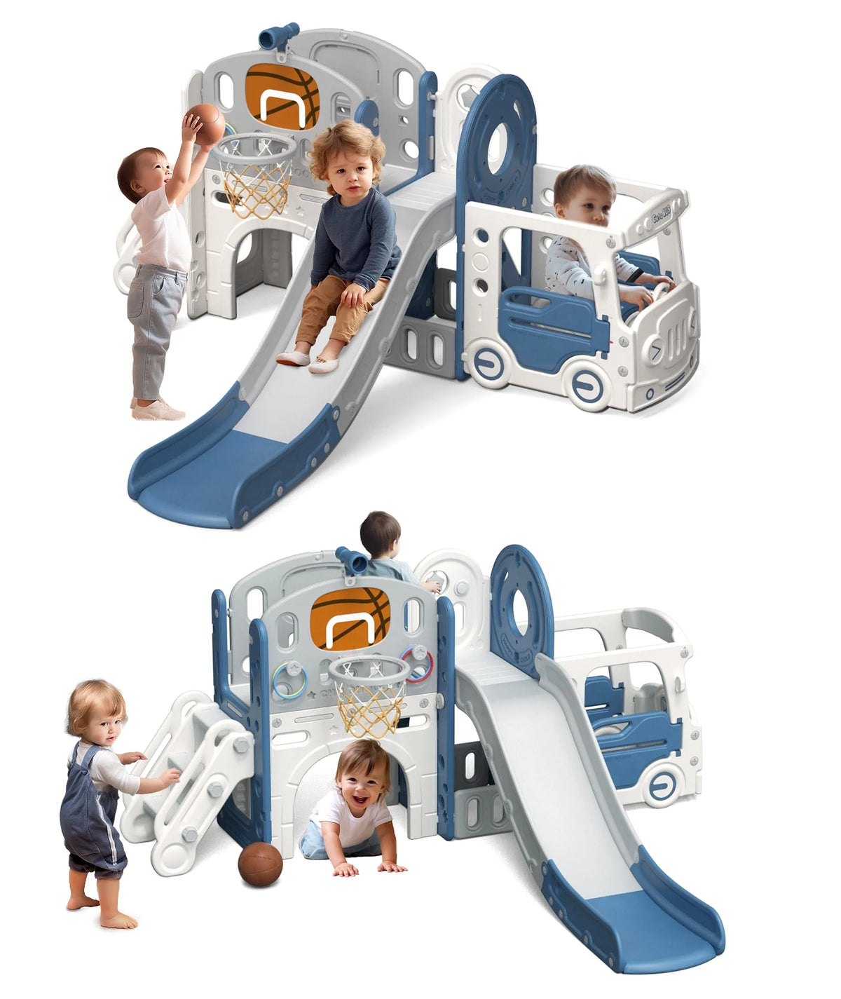 Kids Slide Set with Climber, Basketball Hoop, Tunnel, Playhouse Z94142