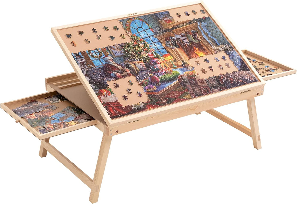 Tilting Puzzle Table with 2 Drawers, Adjustable Jigsaw Puzzle Board, Portable Wooden Puzzle Plateau with Folding Legs & Non-Slip Tabletop B44606
