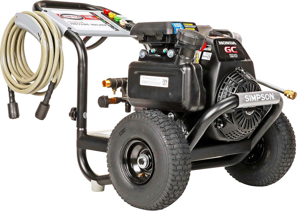 3200 PSI Gas Pressure Washer with Honda GC190, 2.5 GPM, 3/8" x 100' 4500 PSI Cold Water Hose Z90349