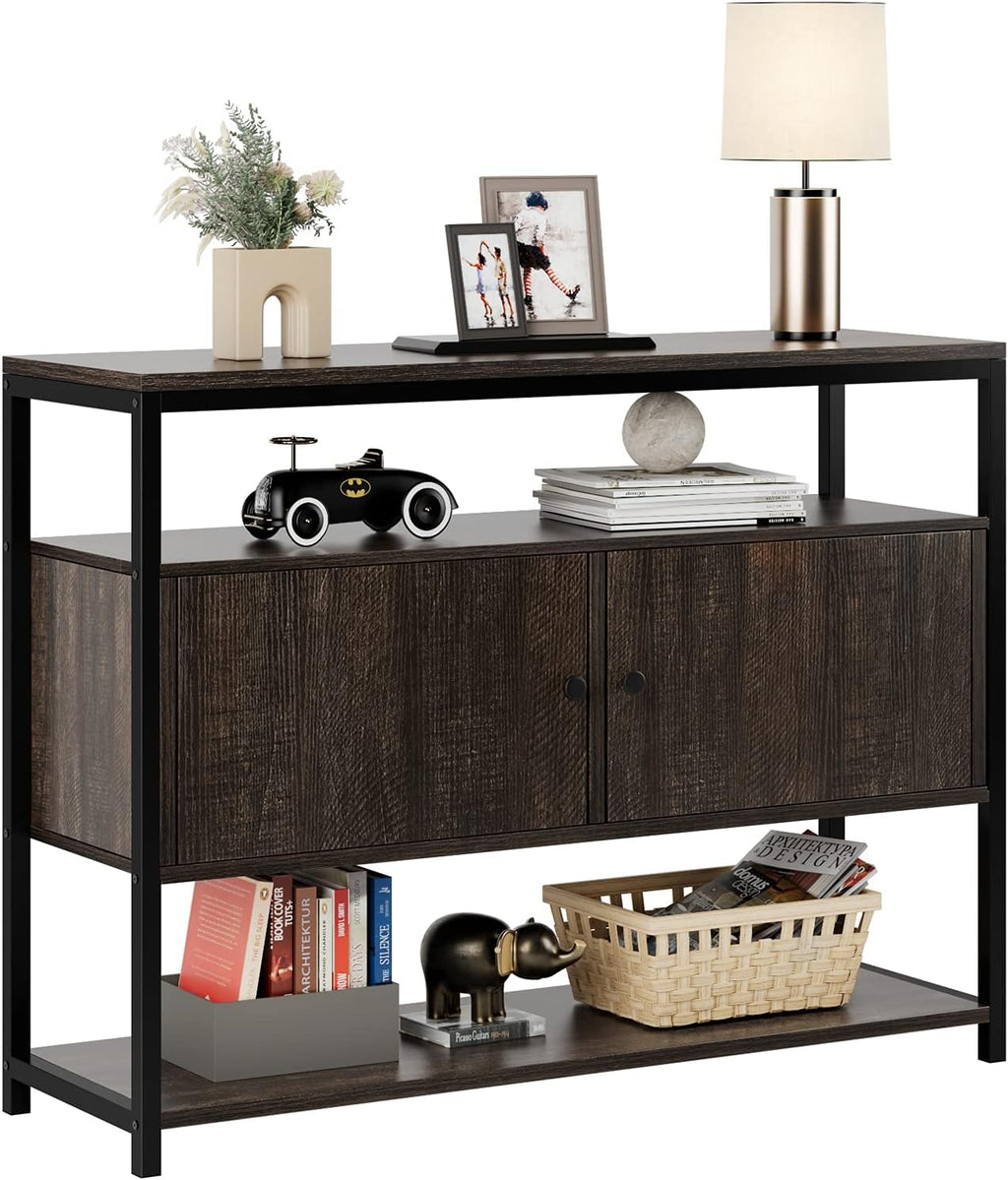 Walnut Brown 3-Tier Console Table with 2 Cabinet Doors Z334078