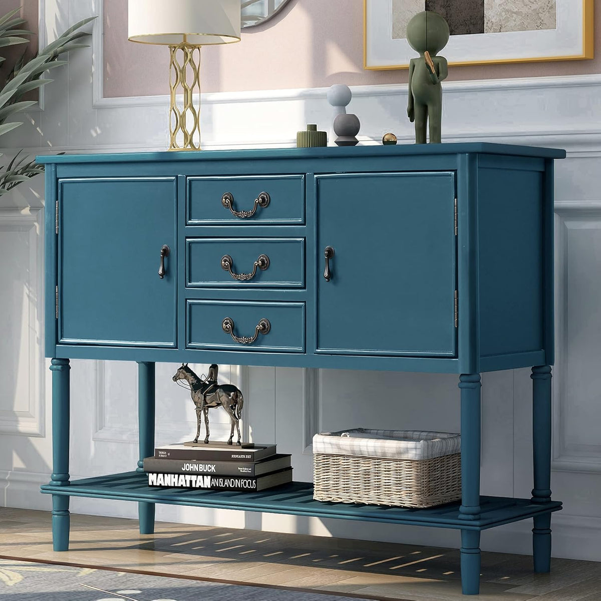 Light Green Wood Console Sofa Table with Drawers and Open Shelf J6191