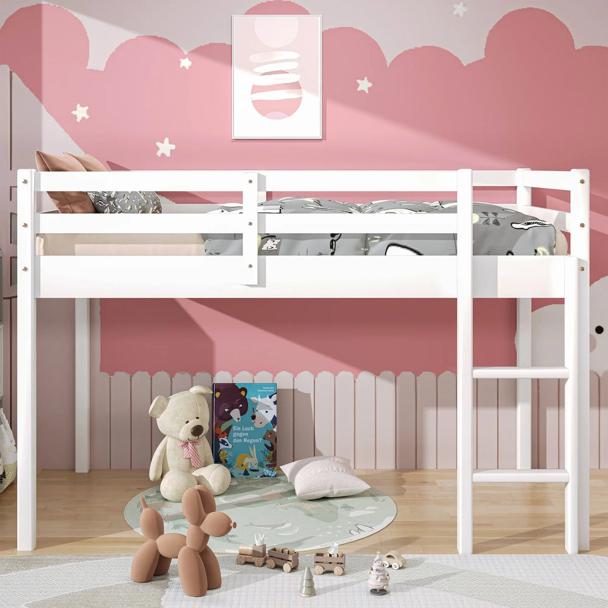 White Twin Size Solid Wood Loft Bed with 14 Wooden Slats S76684