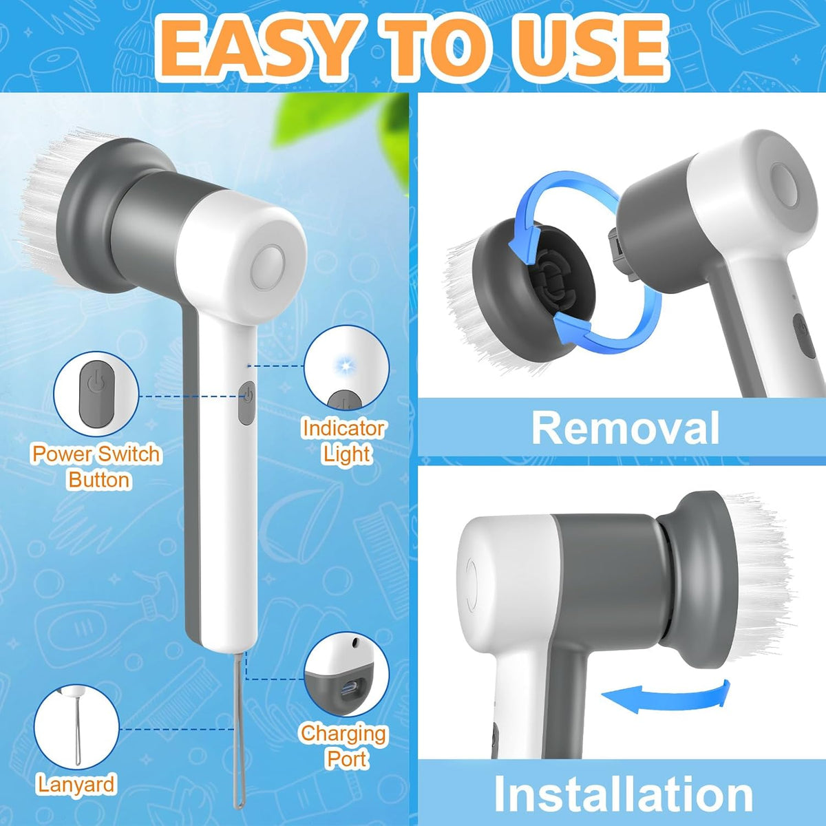 Cordless Electric Spin Scrubber with 5 Cleaning Brush Heads F4800