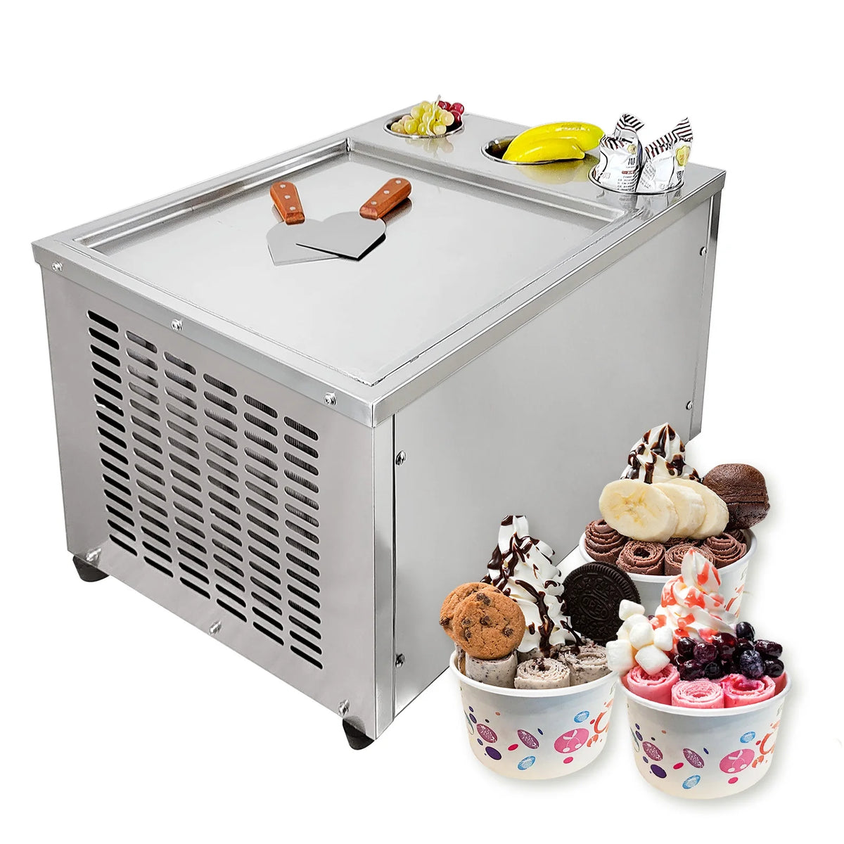 18"x18" Single Pan Roll Ice Cream Machine with 3 Buckets F92165