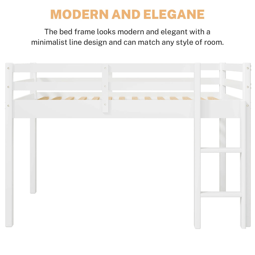 White Twin Size Solid Wood Loft Bed with 14 Wooden Slats S76684