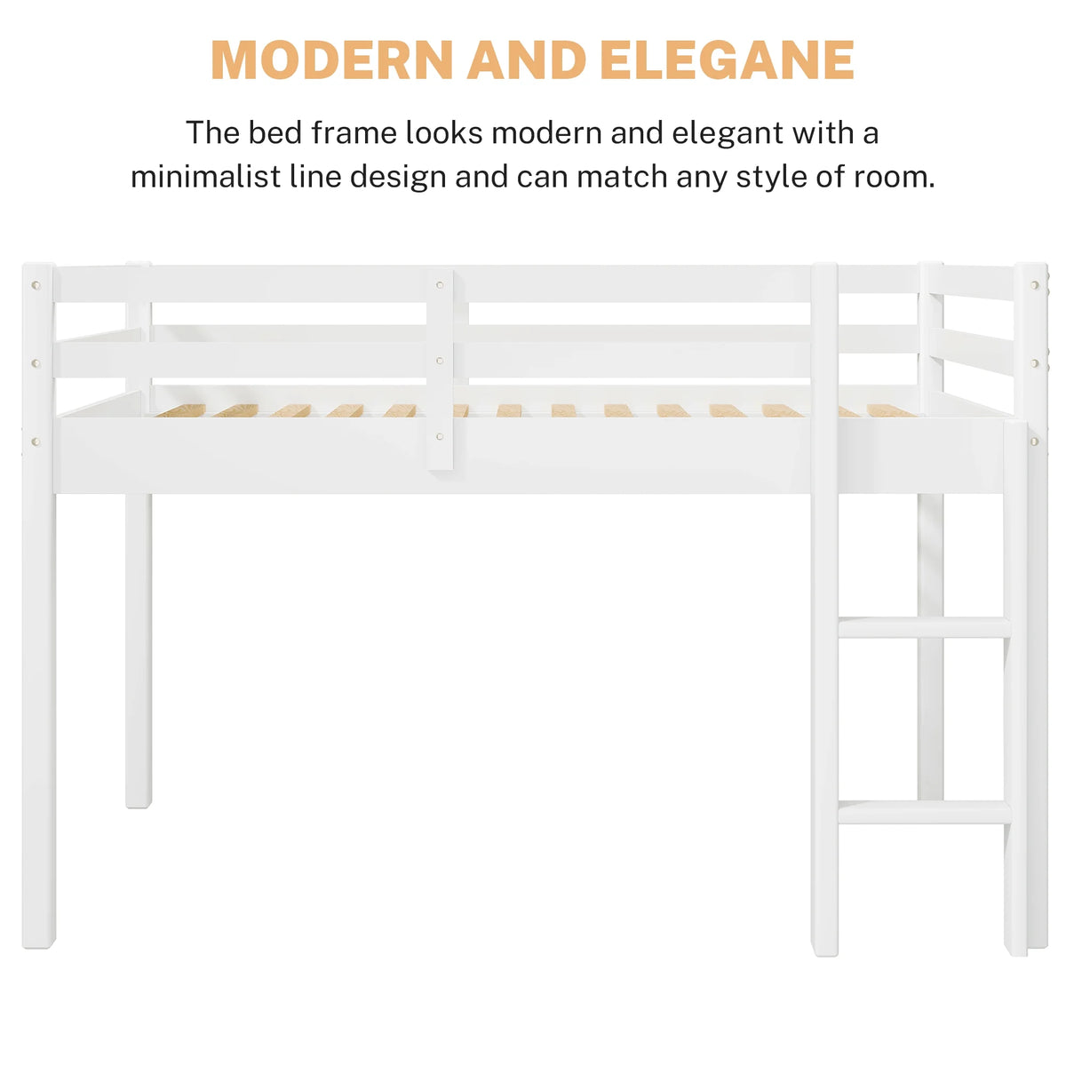 White Twin Size Solid Wood Loft Bed with 14 Wooden Slats S76684