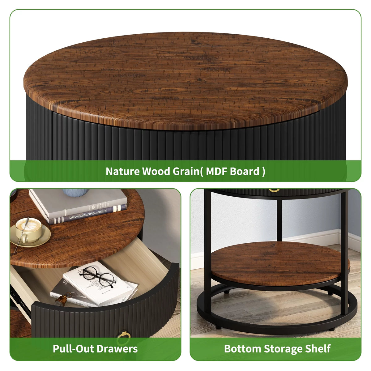 Black Metal 2-Tier Round End Table with Drawer L27170