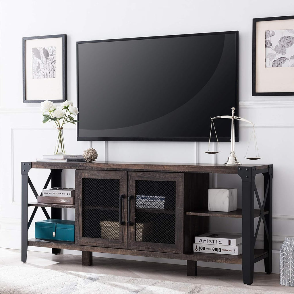 Large TV Stand with Metal Side X-Frame, Light Rustic Oak L3704