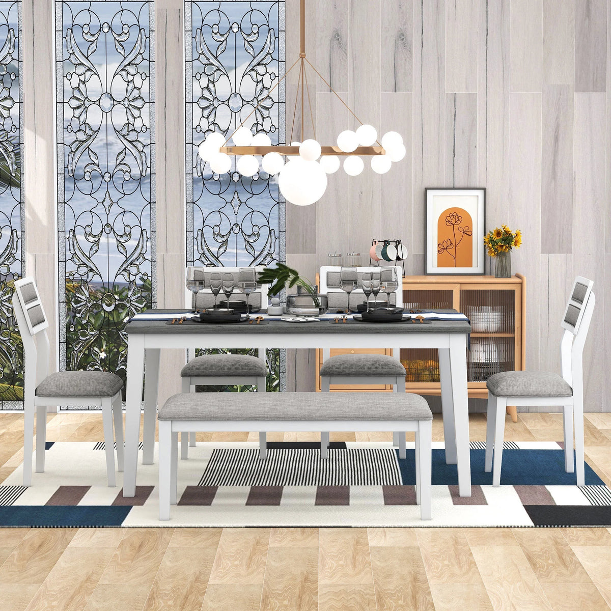 6 Piece Dining Table and Chair Set with 4 Upholstered Chairs and Bench R25084