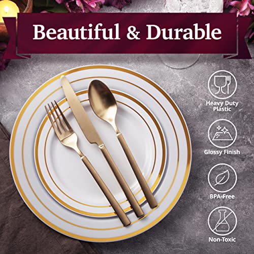 100 White Plastic Plates with Gold Trim, 50 Dinner Plates 10.25" + 50 Salad Plates 7.5" P827720