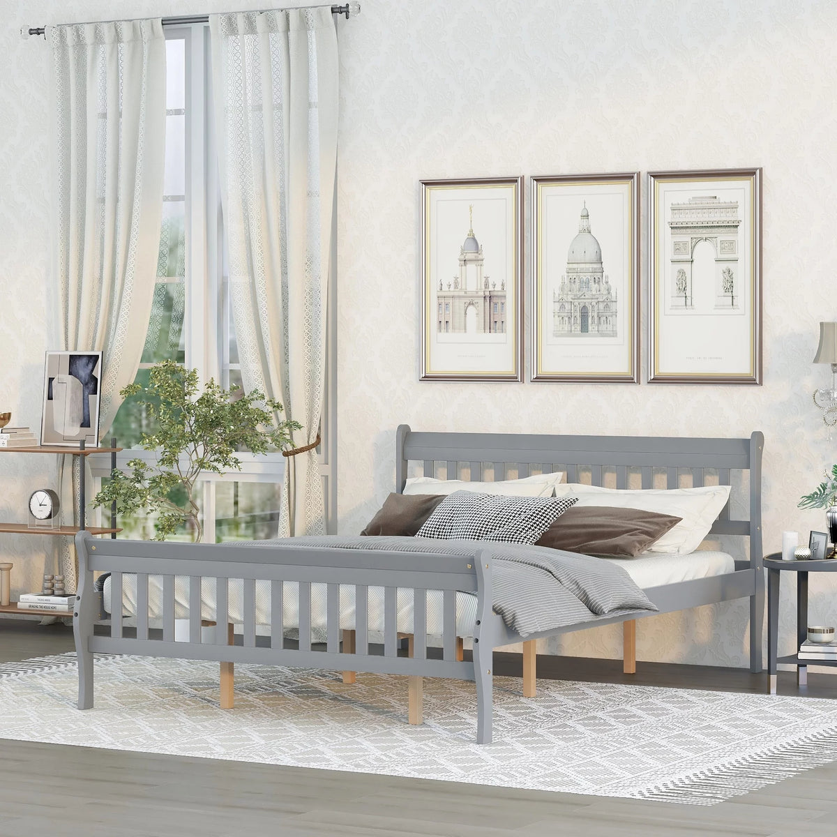 Queen Size Gray Wood Platform Bed Frame with Headboard F13032