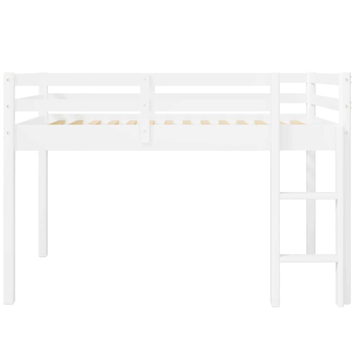 White Twin Size Solid Wood Loft Bed with 14 Wooden Slats S76684