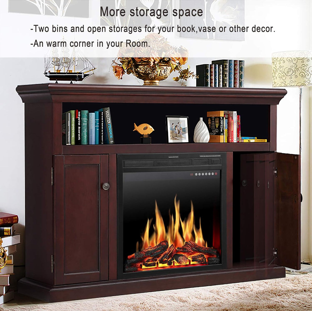 Electric Fireplace TV Stand Wood Mantel with LED Flames, Storage Bin, Remote Control, Dark Espresso M1020