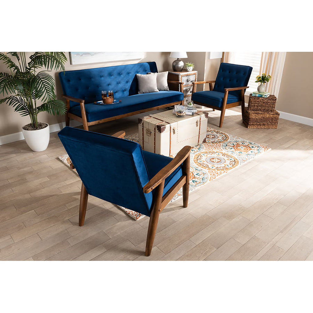 Navy Blue Velvet 3-Piece Wooden Living Room K39943