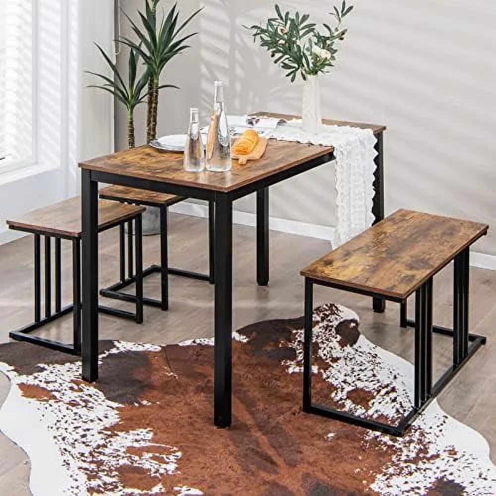 4 Piece Dining Table Set with Bench and 2 Stools E9776