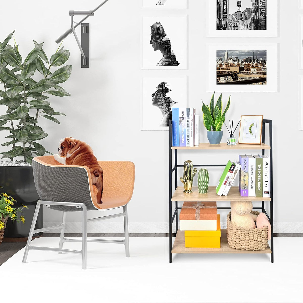 3-Tier Wood Bookshelf with Metal Frame E540