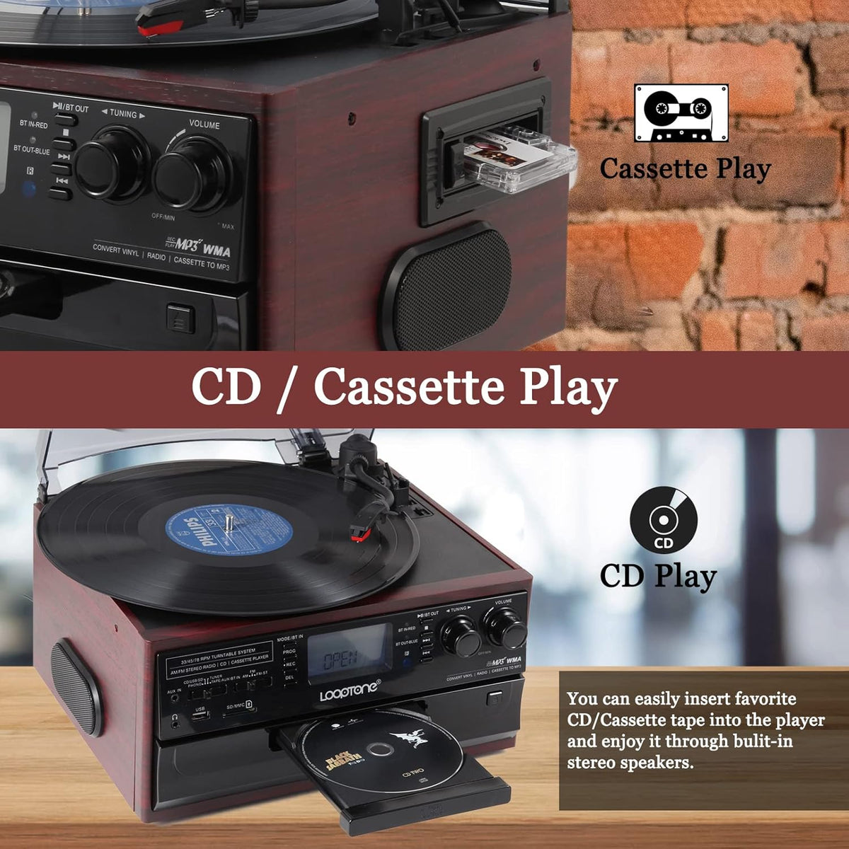 10 in 1 Bluetooth Record Player Turntable with CD Player Cassette AM/FM Radio L48240