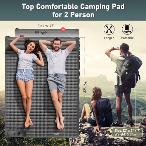 Double Sleeping Pad, 4" Ultra-Thick Self Inflating Camping Pad 2 Person with Pillow Built-in Foot Pump W7266