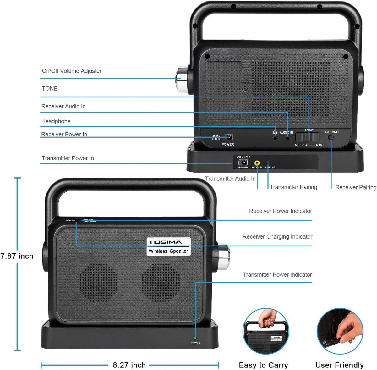 Portable Wireless TV Speakers with Headset Jack M216060