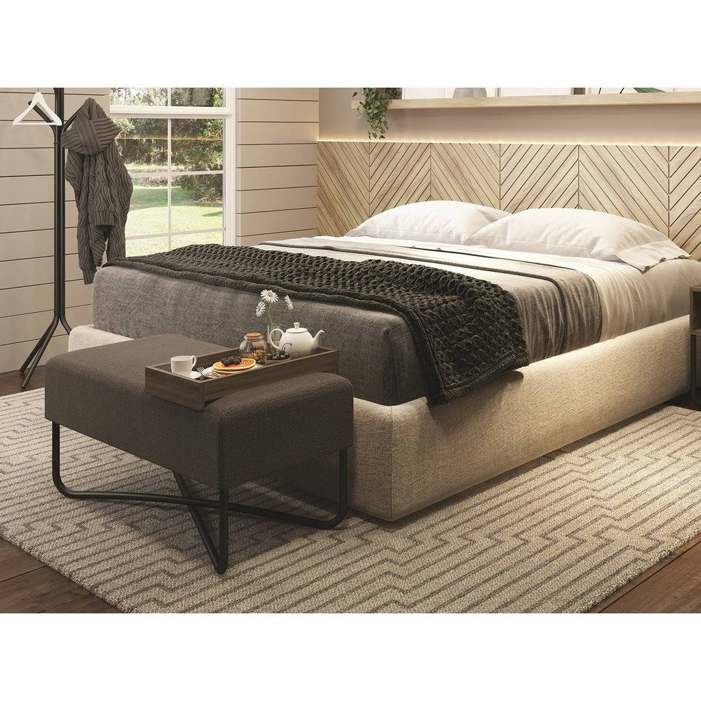 Dark Brown Fabric Bench with Black Base and Dark Oak Tray I706