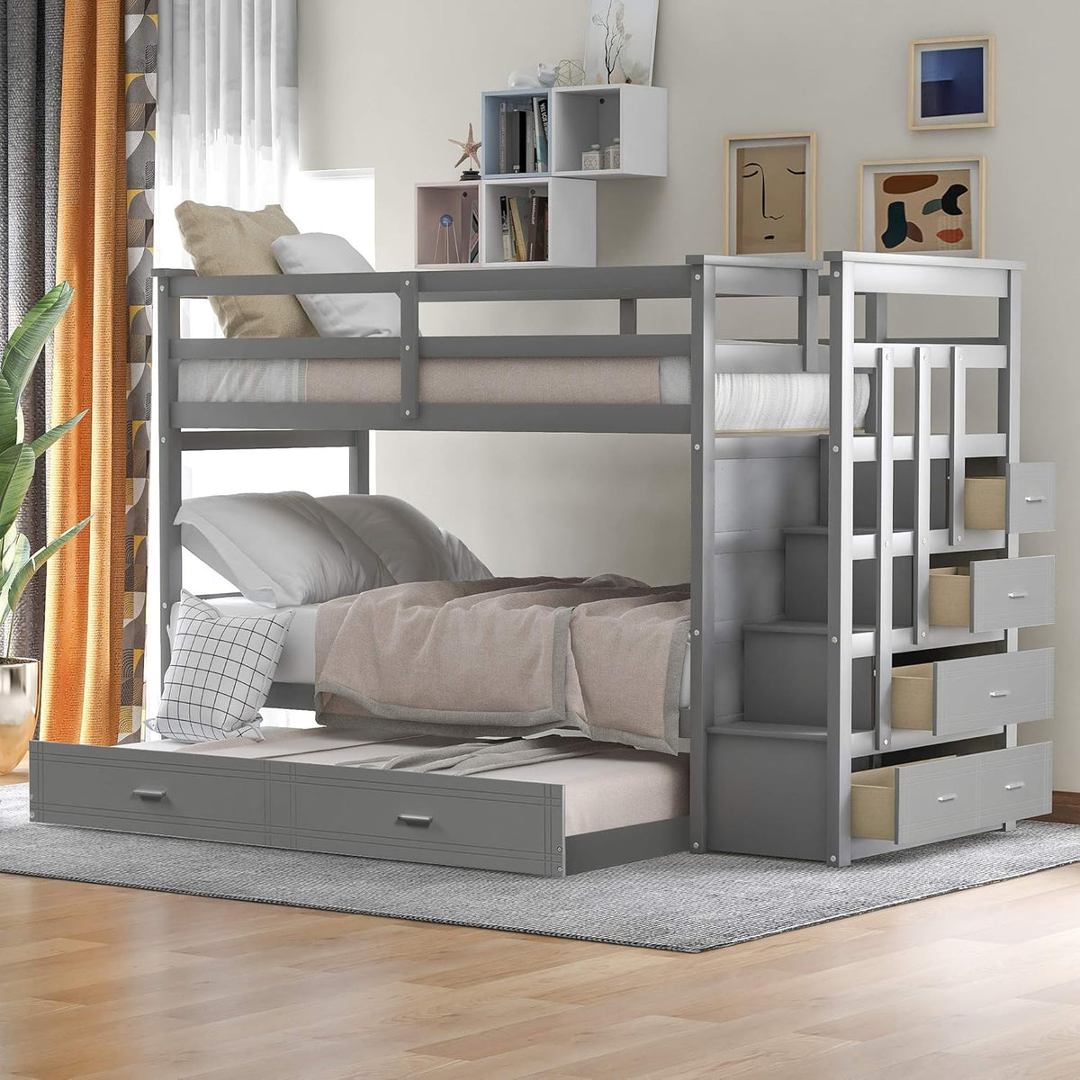 Twin Over Twin Wood Bunk Bed with Trundle and Staircase Z6325